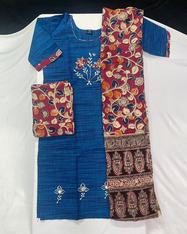 Kalamkari 3pc Set with Embroidery & Mirror Work Skyblue