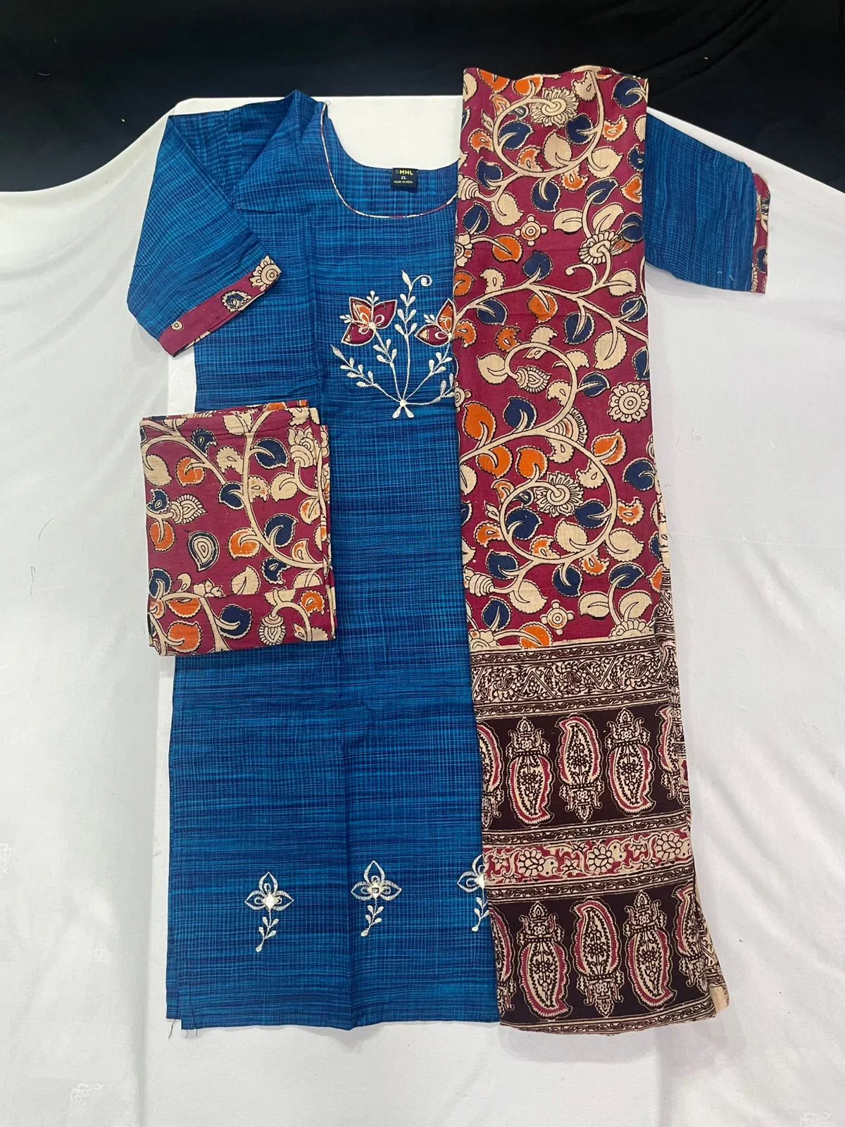 Kalamkari 3pc Set with Embroidery & Mirror Work Skyblue