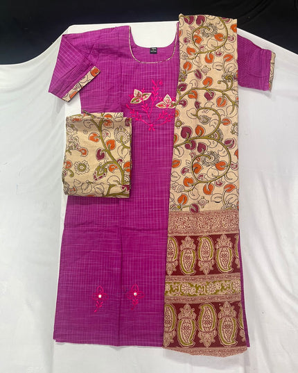 Kalamkari 3pc Set with Embroidery & Mirror Work Pink