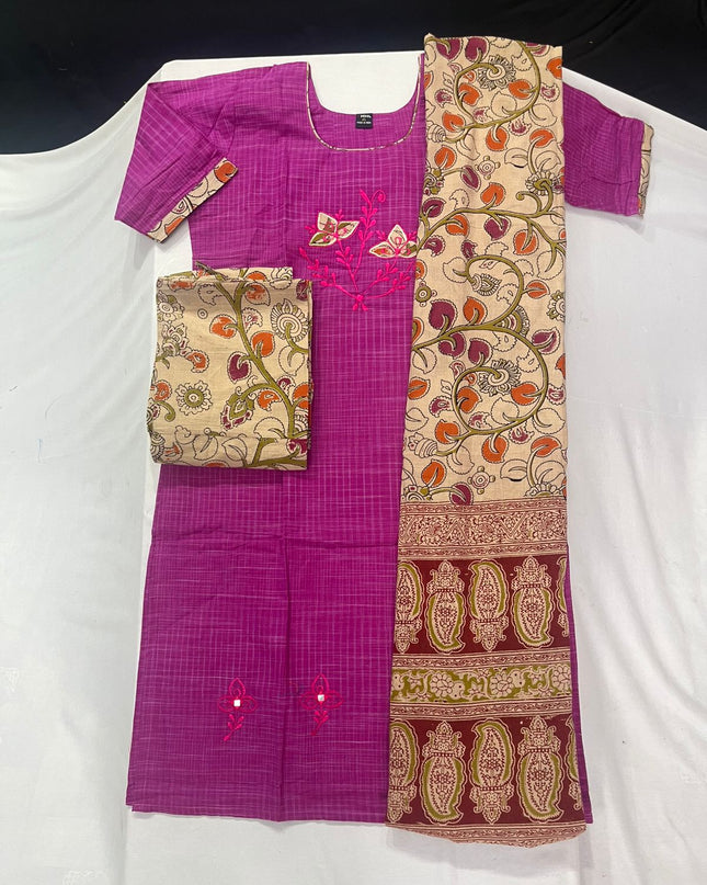 Kalamkari 3pc Set with Embroidery & Mirror Work Pink