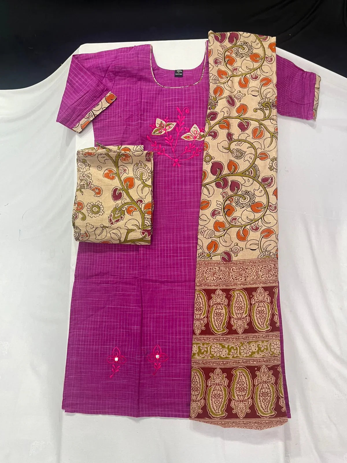 Kalamkari 3pc Set with Embroidery & Mirror Work Pink