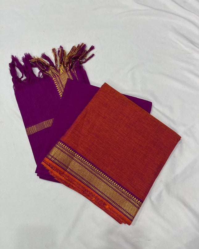 Mangalagiri Dress Material with thread border Orange & Purple double weaving