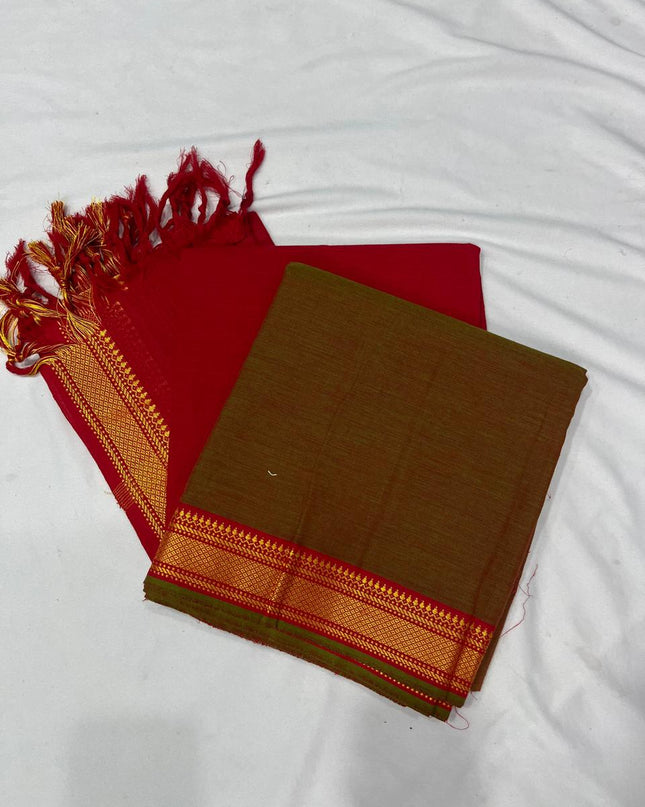 Mangalagiri Dress Material with thread border Green & Maroon double weave