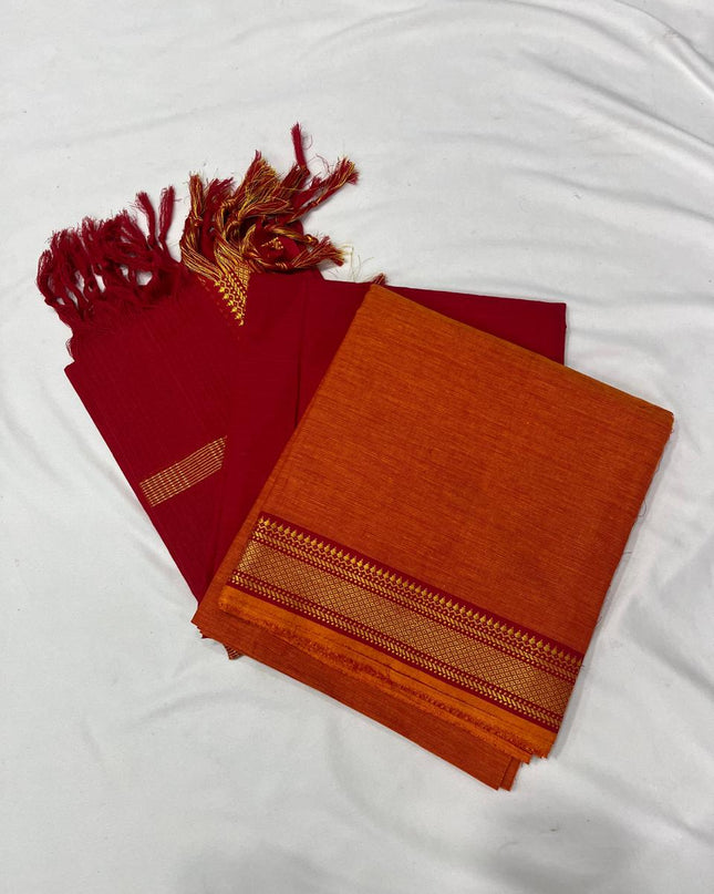 Mangalagiri Dress Material with thread border Orange colour