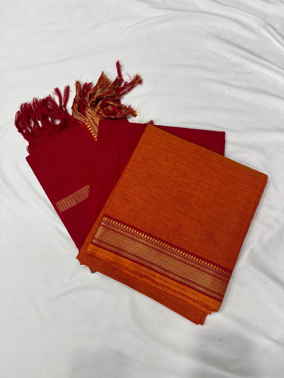 Mangalagiri Dress Material with thread border Orange colour – Bhavana Handlooms