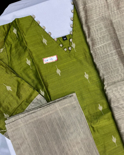 Raw Silk 3pc KurtiSet With Green Colour Full Length Lining | Gold Dupatta