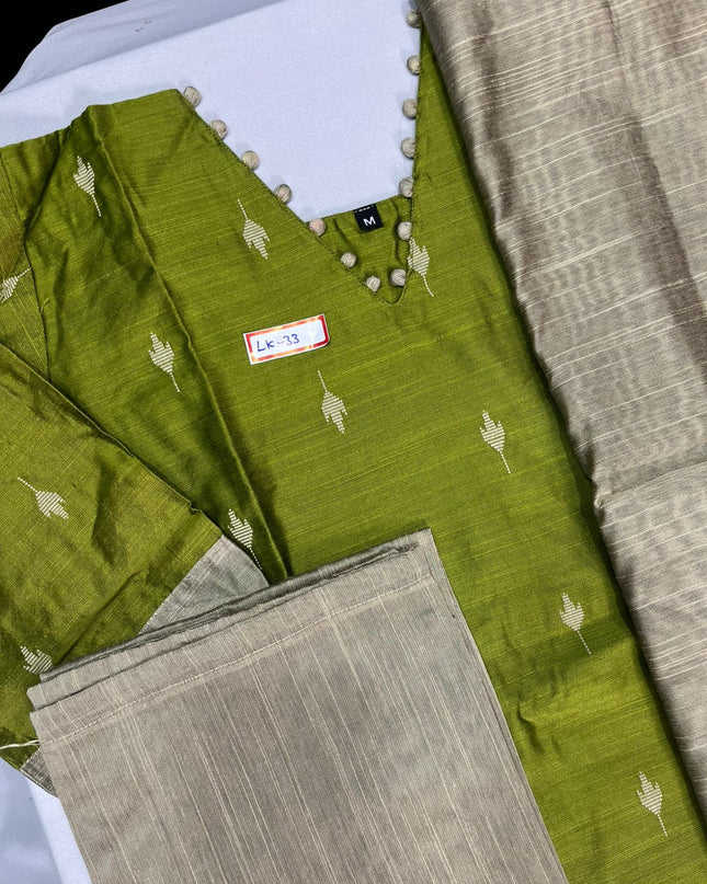 Raw Silk 3pc KurtiSet With Green Colour Full Length Lining | Gold Dupatta