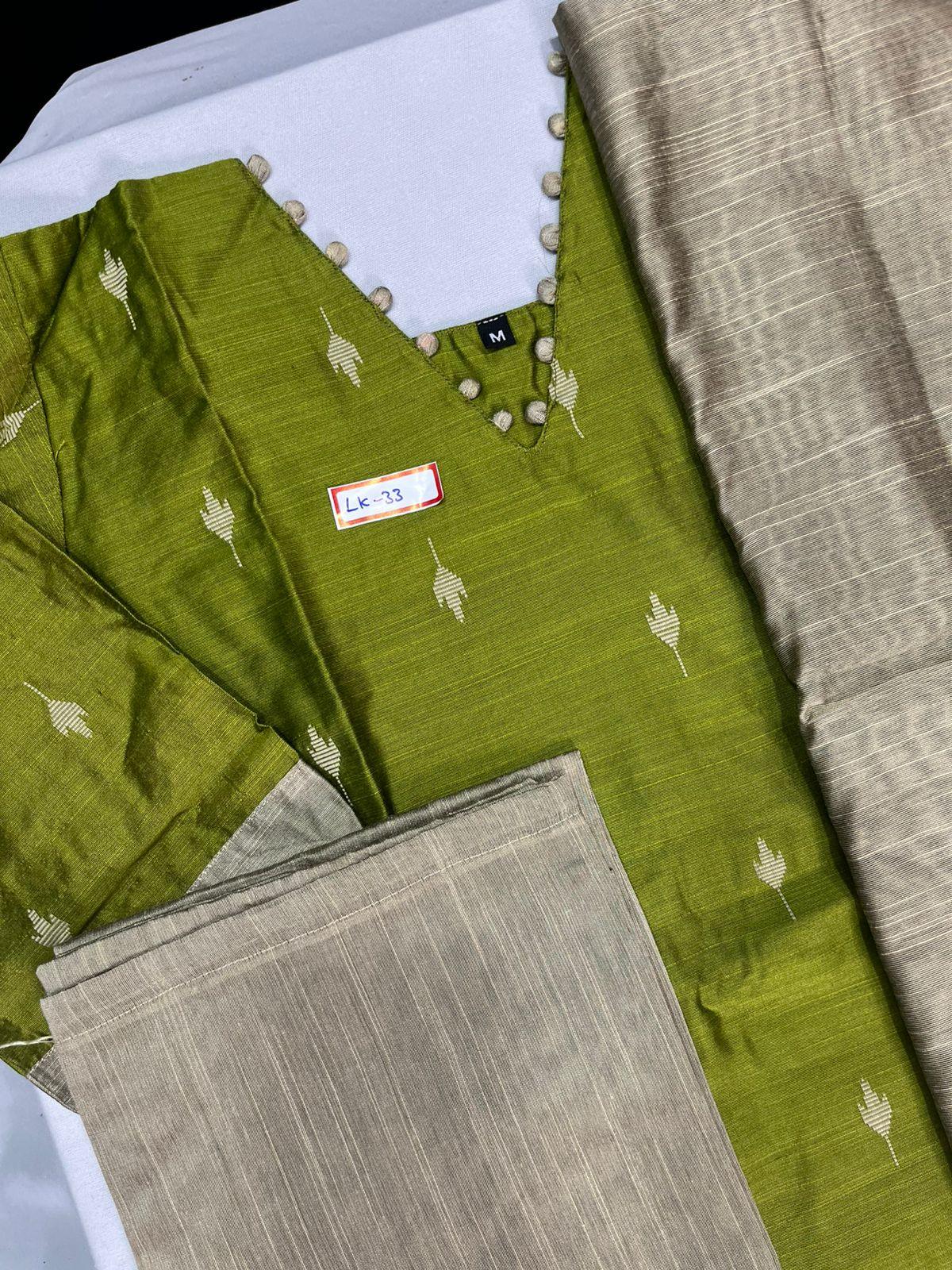 Raw Silk 3pc KurtiSet With Green Colour Full Length Lining | Gold Dupatta