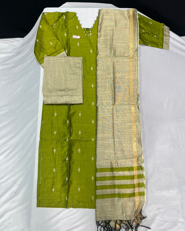 Raw Silk 3pc KurtiSet With Green Colour Full Length Lining | Gold Dupatta
