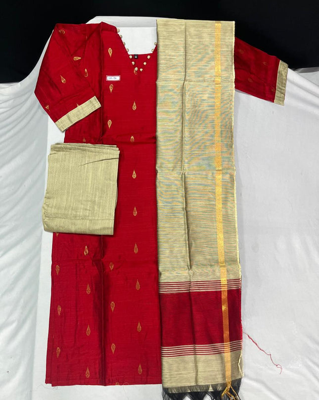 Raw Silk 3pc KurtiSet With Red Colour Full Length Lining | Gold Dupatta