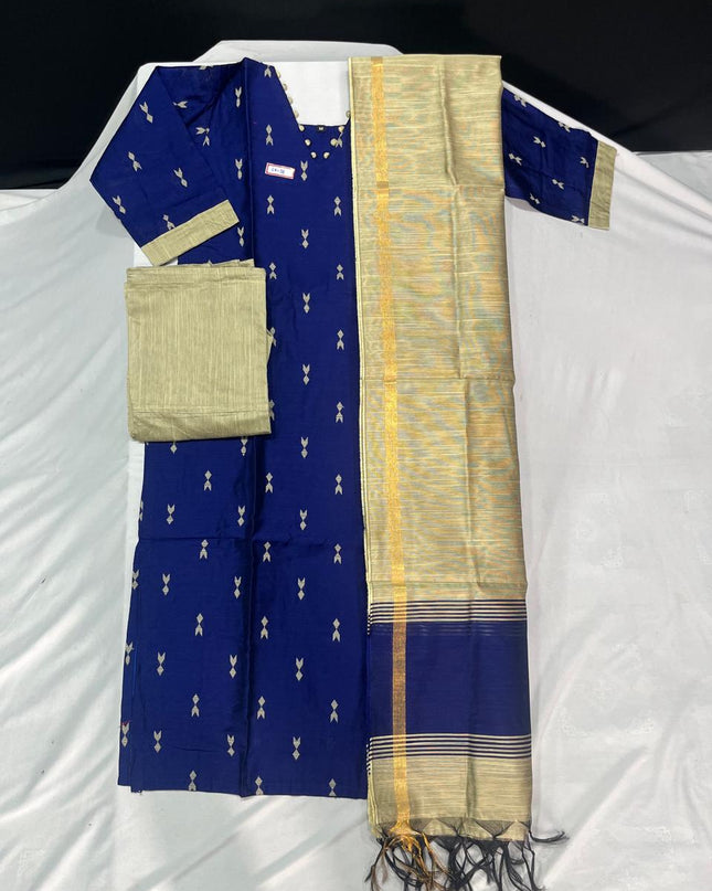 Raw Silk 3pc KurtiSet With Blue Colour Full Length Lining | Gold Dupatta