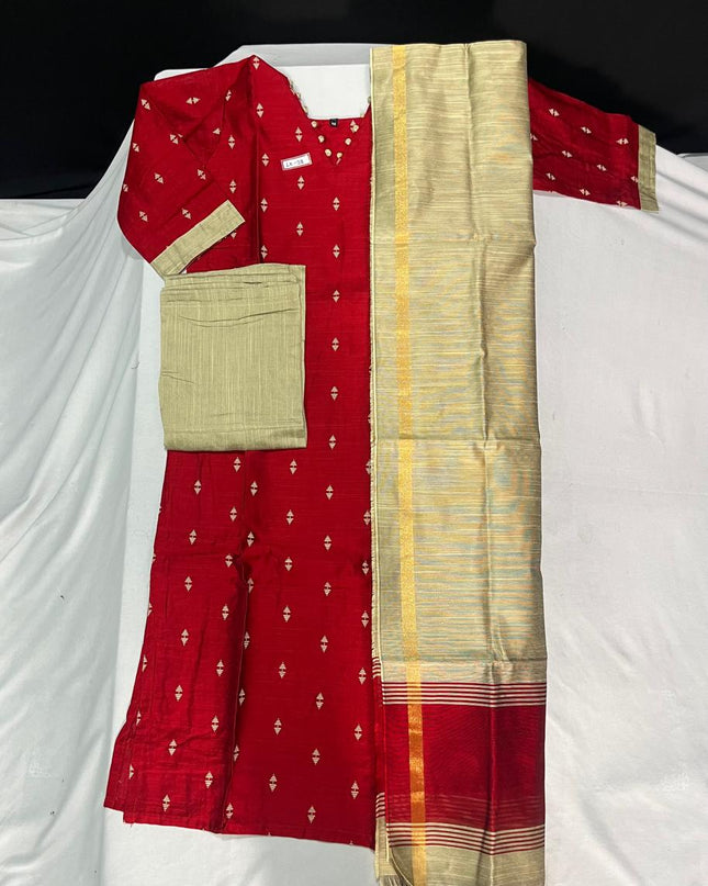 Raw Silk 3pc KurtiSet With Red Colour Full Length Lining | Gold Dupatta