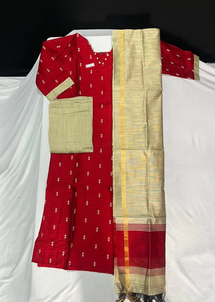 Raw Silk 3pc KurtiSet With Red Colour Full Length Lining | Gold Dupatta