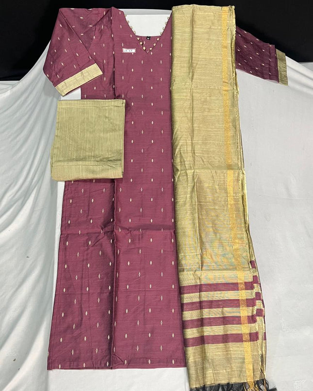 Raw Silk 3pc KurtiSet With Onion Pink Colour Full Length Lining | Gold Dupatta