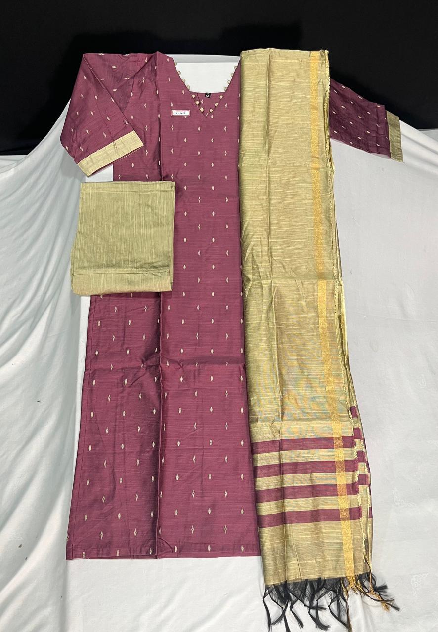 Raw Silk 3pc KurtiSet With Onion Pink Colour Full Length Lining | Gold Dupatta