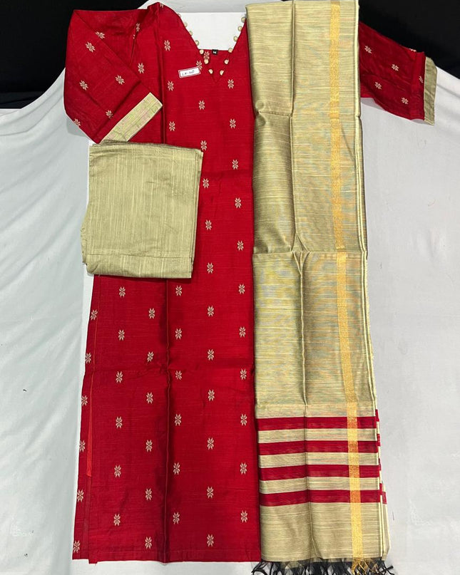 Raw Silk 3pc KurtiSet With Red Colour Full Length Lining | Gold Dupatta