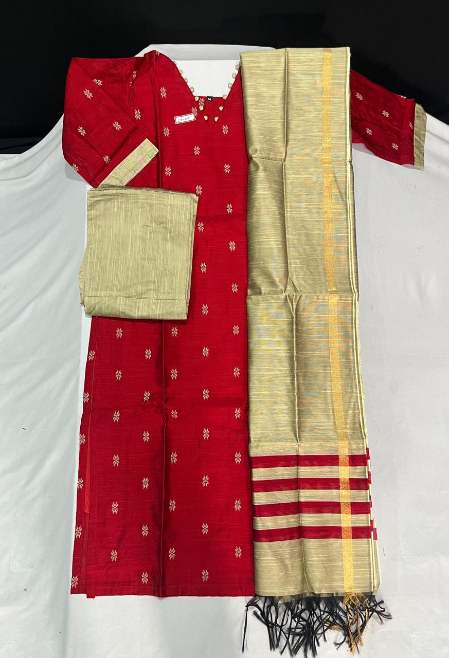 Raw Silk 3pc KurtiSet With Red Colour Full Length Lining | Gold Dupatta