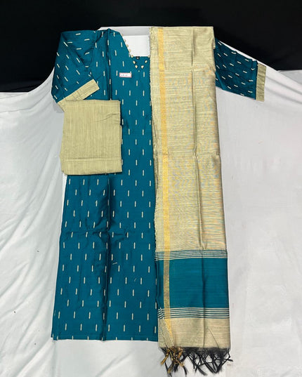 Raw Silk 3pc KurtiSet With Sea Blue Colour Full Length Lining | Gold Dupatta