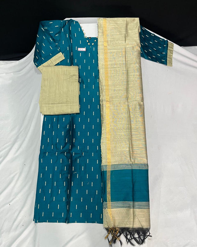 Raw Silk 3pc KurtiSet With Sea Blue Colour Full Length Lining | Gold Dupatta