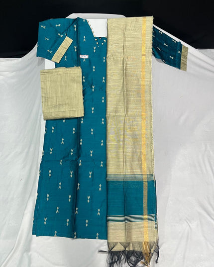 Raw Silk 3pc KurtiSet With Sea Blue Colour Full Length Lining | Gold Dupatta