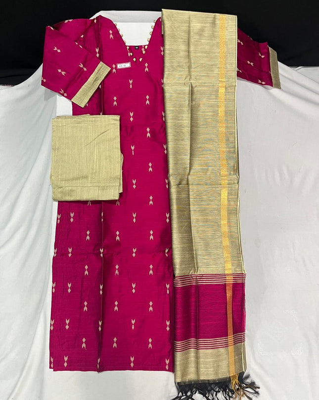 Raw Silk 3pc KurtiSet With Pink Colour Full Length Lining | Gold Dupatta
