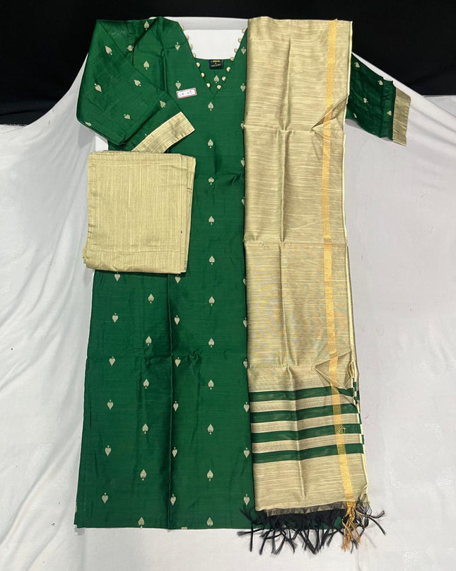 Raw Silk 3pc KurtiSet With Green Colour Full Length Lining | Gold Dupatta