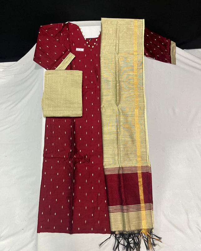 Raw Silk 3pc KurtiSet With Maroon Colour Full Length Lining | Gold Dupatta