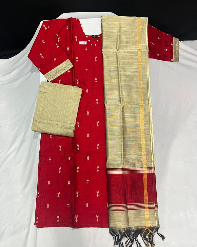Raw Silk 3pc KurtiSet With Red Colour Full Length Lining | Gold Dupatta
