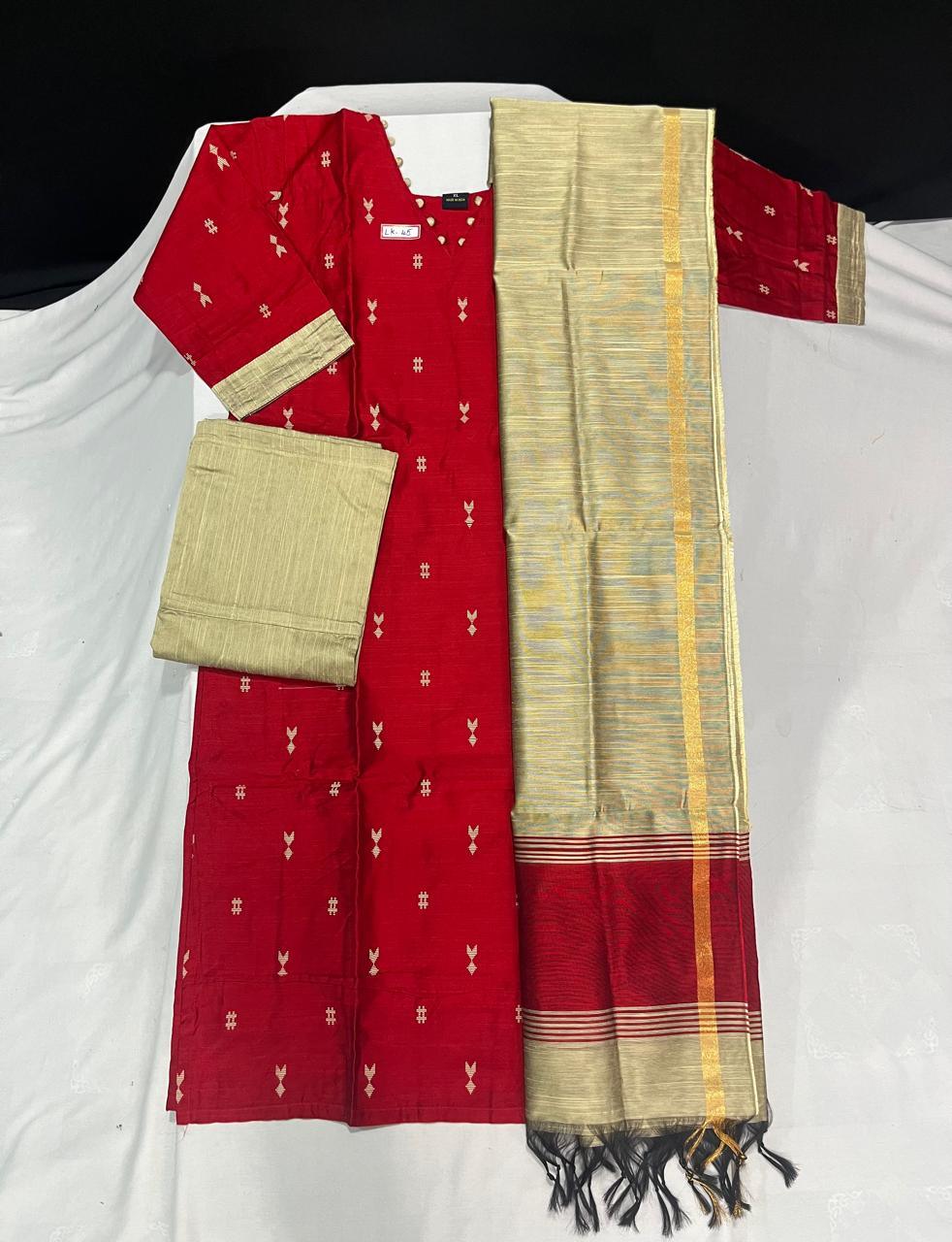 Raw Silk 3pc KurtiSet With Red Colour Full Length Lining | Gold Dupatta