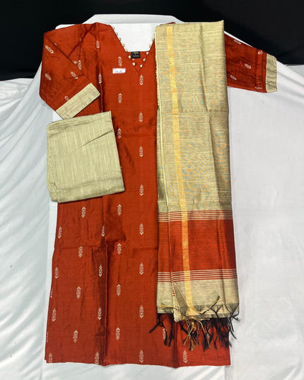 Raw Silk 3pc KurtiSet With Brick Colour Full Length Lining | Gold Dupatta