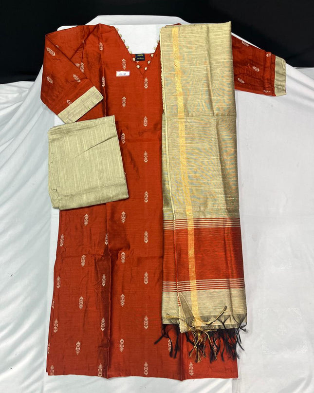 Raw Silk 3pc KurtiSet With Brick Colour Full Length Lining | Gold Dupatta