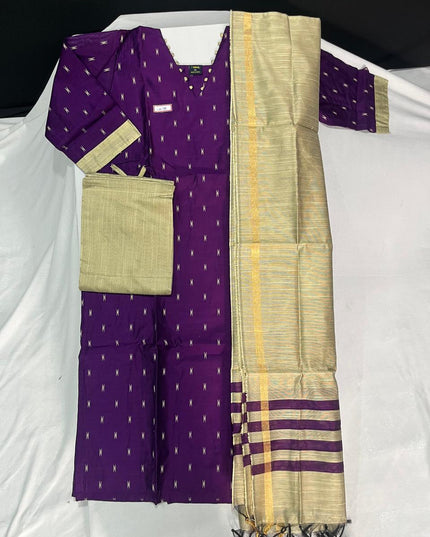 Raw Silk 3pc KurtiSet With Purple Colour Full Length Lining | Gold Dupatta