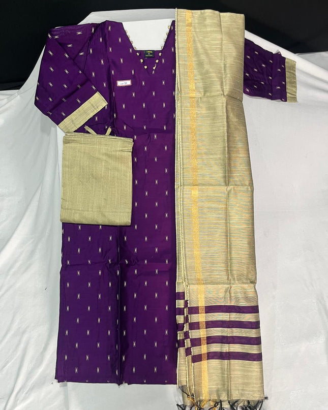 Raw Silk 3pc KurtiSet With Purple Colour Full Length Lining | Gold Dupatta