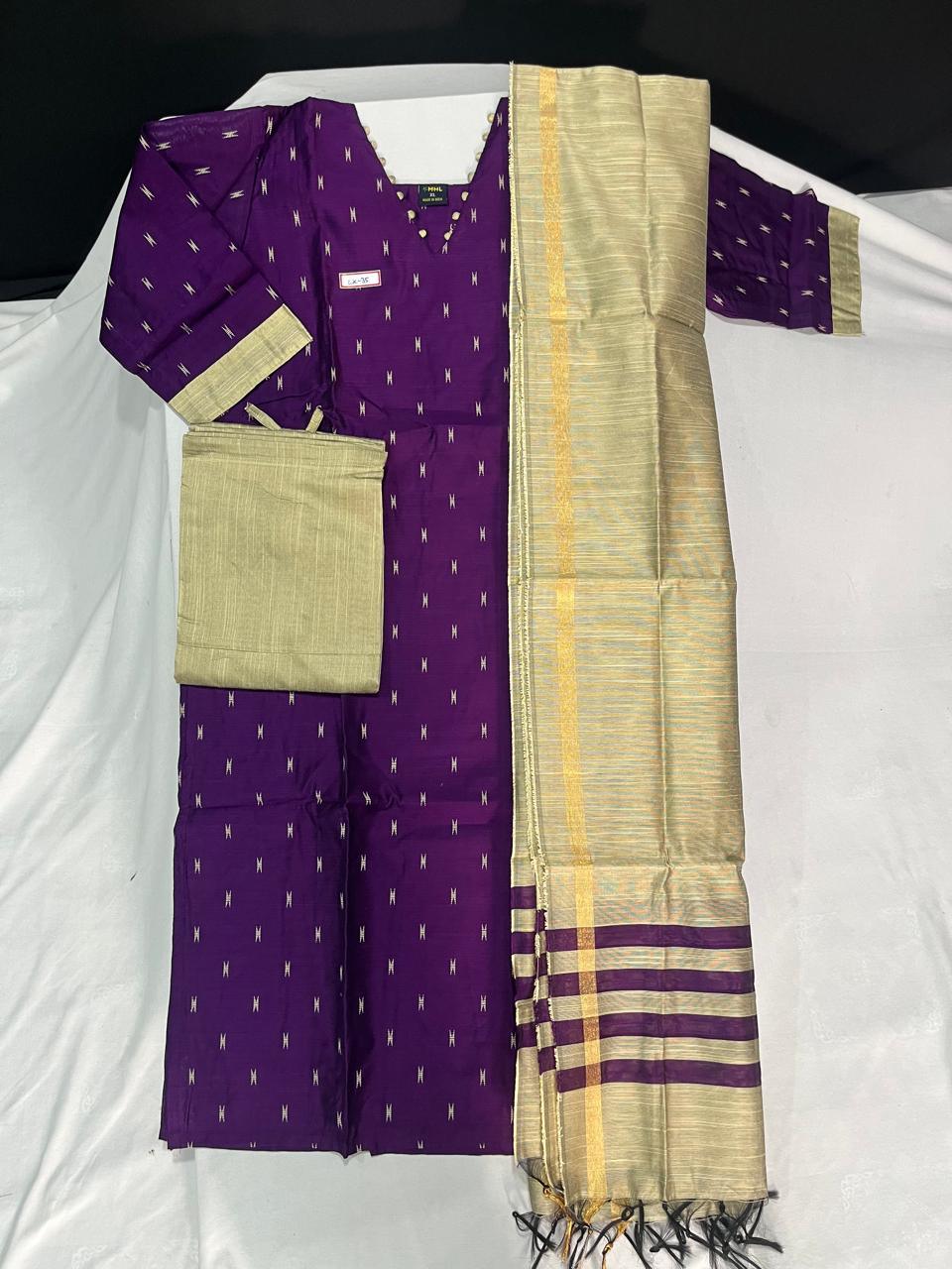 Raw Silk 3pc KurtiSet With Purple Colour Full Length Lining | Gold Dupatta