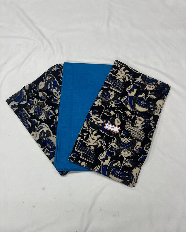 Kalamkari Dress Material – Plain Blue Top & Bottom with Kalamkari Dupatta