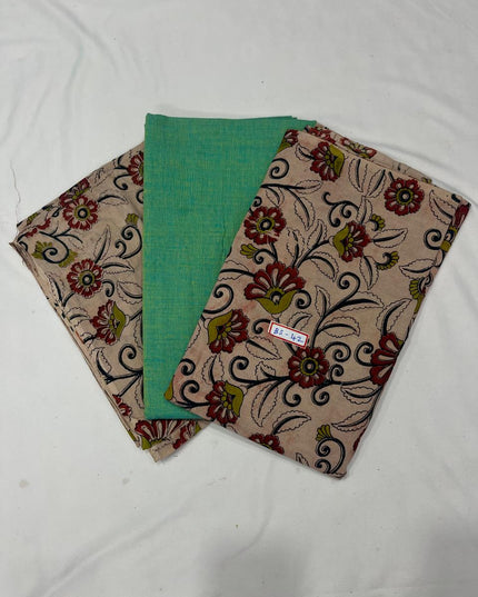 Kalamkari Dress Material – Plain Green Top & Bottom with Kalamkari Dupatta