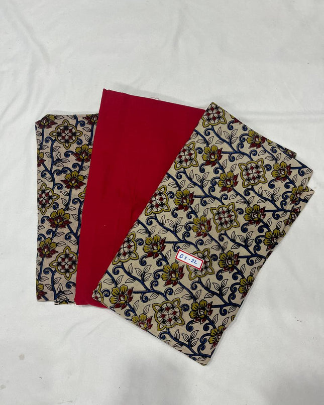 Kalamkari Dress Material – Plain Red Top & Bottom with Kalamkari Dupatta