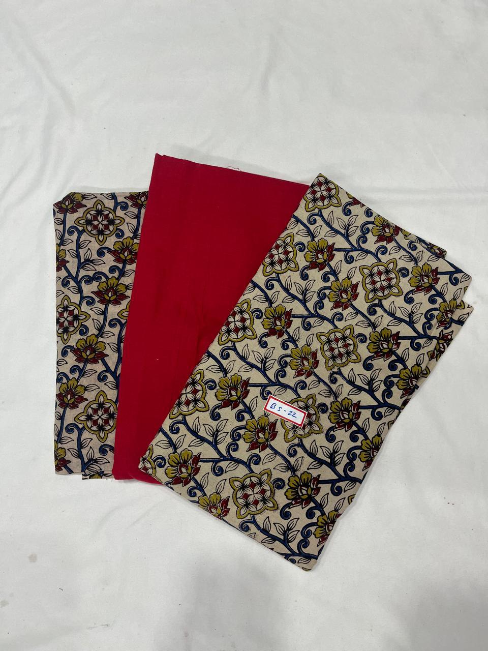 Kalamkari Dress Material – Plain Red Top & Bottom with Kalamkari Dupatta