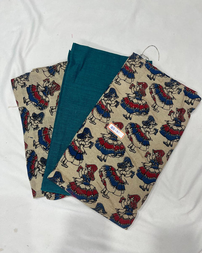 Kalamkari Dress Material – Plain Teal Top & Bottom with Kalamkari Dupatta