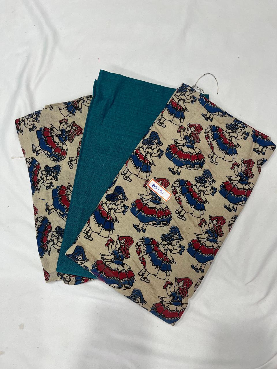 Kalamkari Dress Material – Plain Teal Top & Bottom with Kalamkari Dupatta
