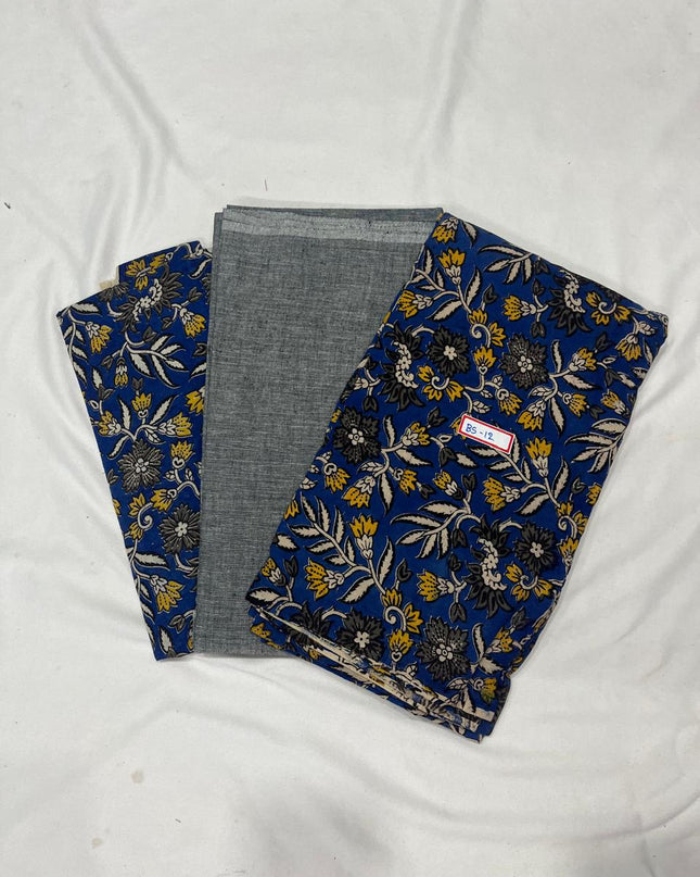 Kalamkari Dress Material – Plain Gray Top & Bottom with Kalamkari Dupatta