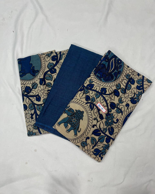Kalamkari Dress Material – Plain Blue Top & Bottom with Kalamkari Dupatta
