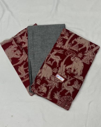 Kalamkari Dress Material – Plain Gray Top & Bottom with Kalamkari Dupatta