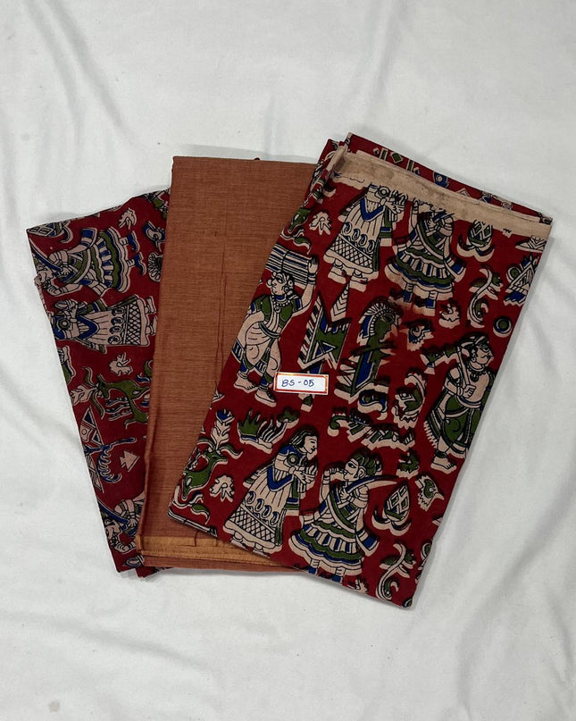 Kalamkari Dress Material – Plain Rust Colour Top & Bottom with Kalamkari Dupatta