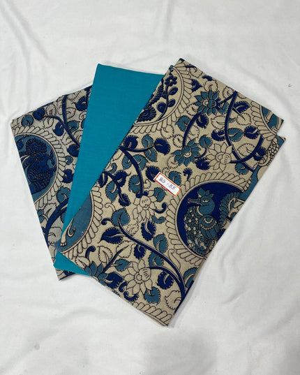 Kalamkari Dress Material – Plain Teal Colour Top & Bottom with Kalamkari Dupatta
