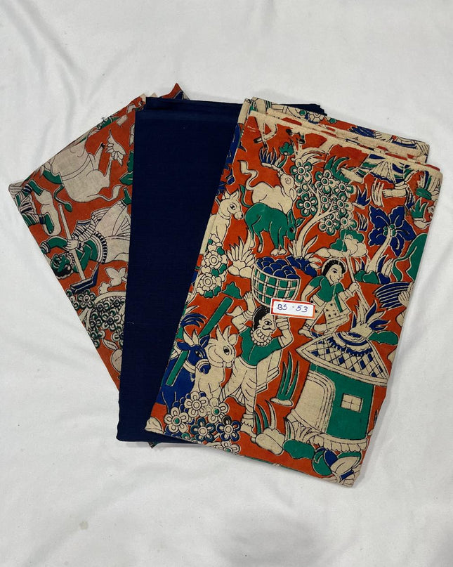 Kalamkari Dress Material – Plain Blue Top & Bottom with Kalamkari Dupatta