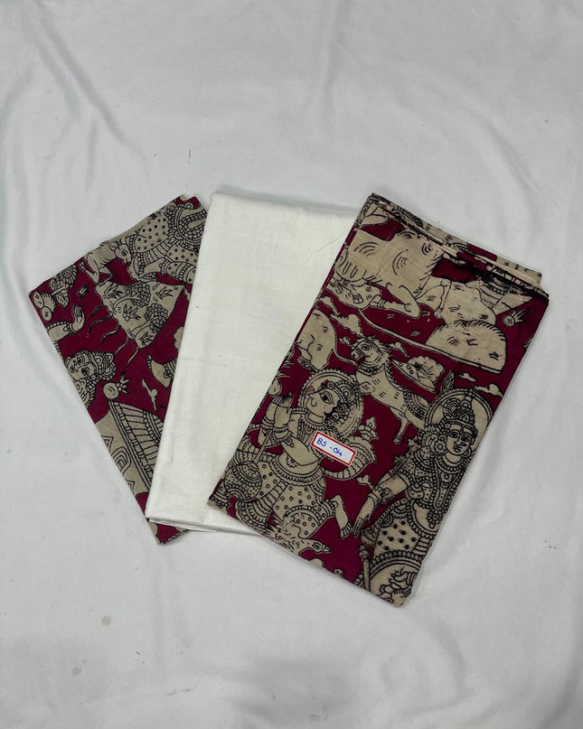Kalamkari Dress Material – Plain White Top & Bottom with Kalamkari Dupatta