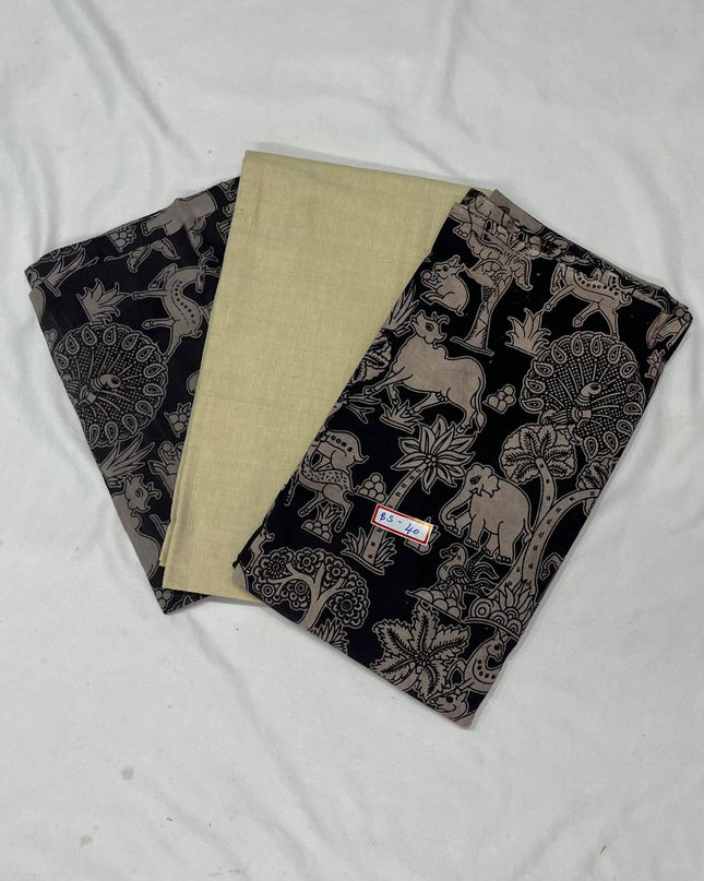 Kalamkari Dress Material – Plain Half White Top & Bottom with Kalamkari Dupatta