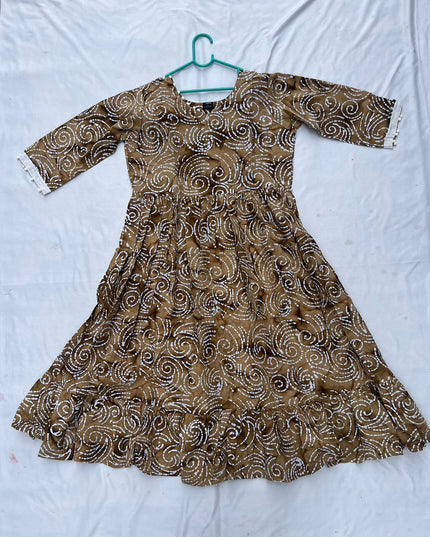 Handmade Batik Frock with Natural Dye – Potli Ball Neck Design Coffee Colour with Half Lining
