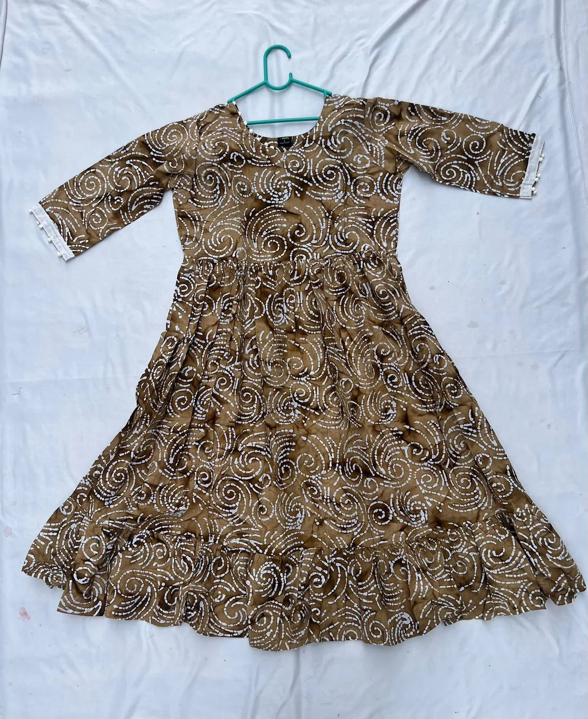 Handmade Batik Frock with Natural Dye – Potli Ball Neck Design Coffee Colour with Half Lining